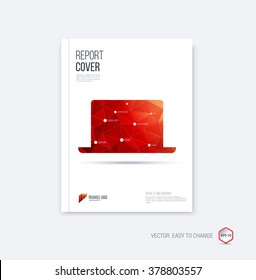 Brochure template layout, cover design annual report, magazine, flyer or booklet in A4 with red laptop silhouette on polygonal background. Vector Illustration.