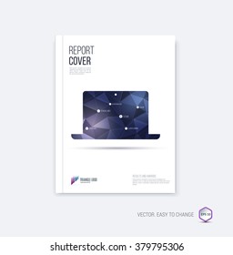 Brochure template layout, cover design annual report, magazine, flyer or booklet in A4 with blue geometric laptop shape on polygonal background. Vector Illustration.