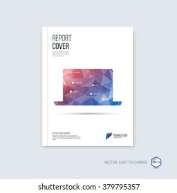 Brochure template layout, cover design annual report, magazine, flyer or booklet in A4 with blue red laptop shape on polygonal background. Vector Illustration.