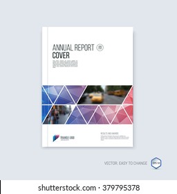 Brochure template layout, cover design annual report, magazine, flyer or booklet in A4 with blue red geometric shapes on polygonal background. Vector Illustration.
