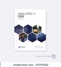 Brochure template layout, cover design annual report, magazine, flyer or booklet in A4 with blue hexagon shapes on polygonal background. Vector Illustration.