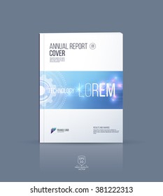 Brochure template layout, cover design, annual report, magazine and flyer with blue technology futuristic abstract background with light effect and gear. Vector illustration.