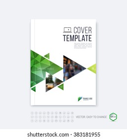 Brochure template layout, cover design annual report, magazine, flyer or booklet in A4 with  green dynamic triangular geometric shapes on polygonal background. Vector Illustration.