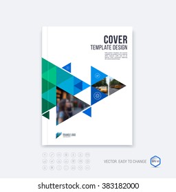 Brochure template layout, cover design annual report, magazine, flyer or booklet in A4 with  green blue emerald dynamic triangular geometric shapes on white background. Vector Illustration.
