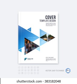 Brochure template layout, cover design annual report, magazine, flyer or booklet in A4 with  blue dynamic triangular geometric shapes on white background. Vector Illustration.