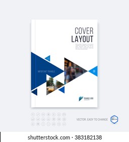 Brochure template layout, cover design annual report, magazine, flyer or booklet in A4 with  blue dynamic triangular geometric shapes on white background. Vector Illustration.