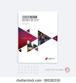 Brochure template layout, cover design annual report, magazine, flyer or booklet in A4 with red dynamic triangular geometric shapes on white background. Vector Illustration.