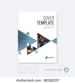Brochure template layout, cover design annual report, magazine, flyer or booklet in A4 with  green blue emerald dynamic triangular geometric shapes on white background. Vector Illustration.