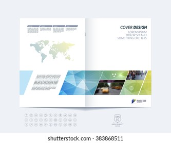 Brochure template layout, cover design annual report, magazine, flyer or booklet in A4 with blue yellow dynamic diagonal rectangular geometric shapes on polygonal background. 