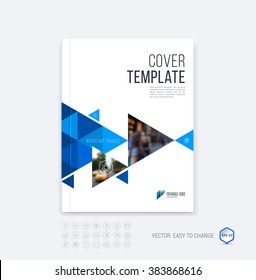 Brochure template layout, cover design annual report, magazine, flyer or booklet in A4 with blue dynamic triangular geometric shapes on polygonal background. Vector Illustration.