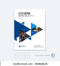 Brochure template layout, cover design annual report, magazine, flyer or booklet in A4 with blue dynamic triangular geometric shapes on white background. Vector Illustration.