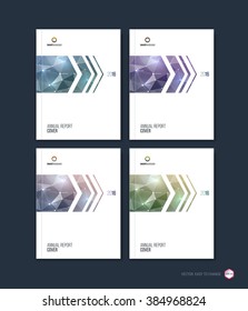 Brochure template layout, cover design annual report, magazine, flyer or booklet in A4 with blue grey purple dynamic arrows and geometric shapes on polygonal background. Vector Illustration.