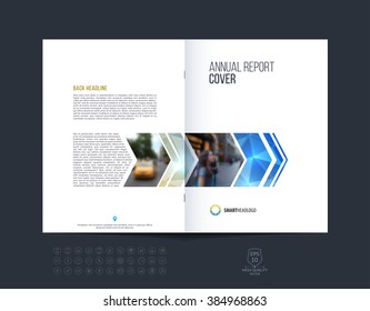 Brochure template layout, cover design annual report, magazine, flyer or booklet in A4 with blue and beige dynamic arrows and geometric shapes on polygonal background. Vector Illustration.