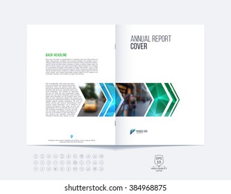 Brochure template layout, cover design annual report, magazine, flyer or booklet in A4 with blue green dynamic arrows and geometric shapes on polygonal background. Vector Illustration.