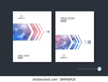 Brochure template layout, cover design annual report, magazine, flyer or booklet in A4 with blue red dynamic arrows and geometric shapes on polygonal background. Vector Illustration.