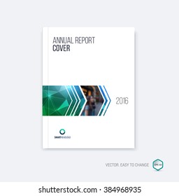 Brochure template layout, cover design annual report, magazine, flyer or booklet in A4 with blue green dynamic arrows and geometric shapes on polygonal background. Vector Illustration.