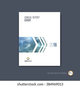 Brochure template layout, cover design annual report, magazine, flyer or booklet in A4 with blue grey dynamic arrows and geometric shapes on polygonal background. Vector Illustration.