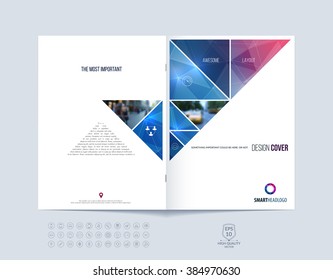 Brochure template layout, cover design annual report, magazine, flyer or booklet in A4 with red and blue dynamic triangular geometric shapes on polygonal background. Vector Illustration.