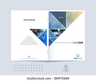 Brochure template layout, cover design annual report, magazine, flyer or booklet in A4 with blue and beige dynamic triangular geometric shapes on polygonal background. Vector Illustration.