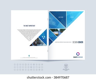 Brochure template layout, cover design annual report, magazine, flyer or booklet in A4 with blue  dynamic triangular geometric shapes on polygonal background. Vector Illustration.