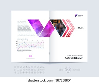 Brochure template layout, cover design annual report, magazine, flyer or booklet in A4 with pink red dynamic arrows and geometric shapes on polygonal background. Vector Illustration.

