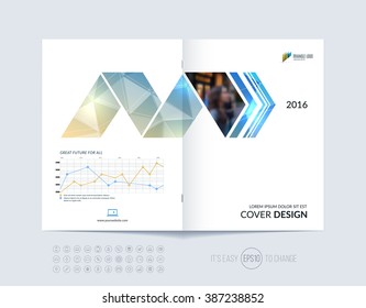 Brochure template layout, cover design annual report, magazine, flyer or booklet in A4 with blue  dynamic arrows and geometric shapes on polygonal background. Vector Illustration.

