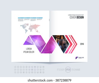 Brochure template layout, cover design annual report, magazine, flyer or booklet in A4 with pink red dynamic arrows and geometric shapes on polygonal background. Vector Illustration.

