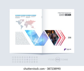 Brochure template layout, cover design annual report, magazine, flyer or booklet in A4 with  dynamic arrows and geometric shapes on polygonal background. Vector Illustration.