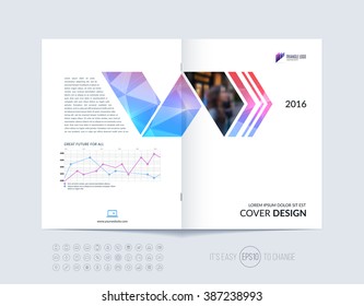 Brochure template layout, cover design annual report, magazine, flyer or booklet in A4 with blue  dynamic arrows and geometric shapes on polygonal background. Vector Illustration.

