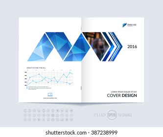 Brochure template layout, cover design annual report, magazine, flyer or booklet in A4 with blue  dynamic arrows and geometric shapes on polygonal background. Vector Illustration.

