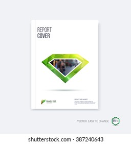 Brochure template layout, cover design annual report, magazine or booklet in A4 with green and yellow minimalistic diamond triangular shape on polygonal background. Vector Illustration.