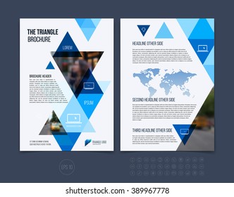 Brochure template layout, cover design annual report, magazine, flyer or booklet in A4 with blue dynamic triangular geometric shapes on white background. Vector Illustration.
