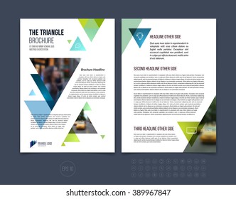 Brochure template layout, cover design annual report, magazine, flyer or booklet in A4 with blue green dynamic triangular geometric shapes on white background. Vector Illustration.