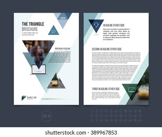 Brochure template layout, cover design annual report, magazine, flyer or booklet in A4 with blue green dynamic triangular geometric shapes on white background. Vector Illustration.
