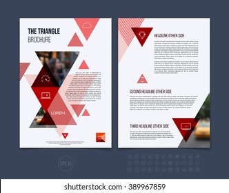 Brochure template layout, cover design annual report, magazine, flyer or booklet in A4 with red dynamic triangular geometric shapes on white background. Vector Illustration.