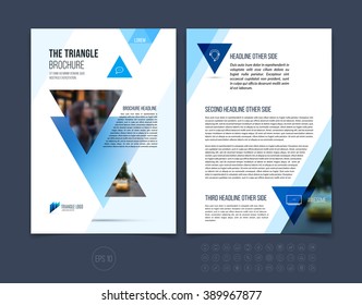 Brochure template layout, cover design annual report, magazine, flyer or booklet in A4 with blue dynamic triangular geometric shapes on white background. Vector Illustration.