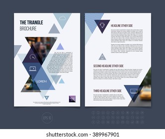 Brochure template layout, cover design annual report, magazine, flyer or booklet in A4 with blue dynamic triangular geometric shapes on white background. Vector Illustration.