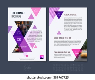 Brochure template layout, cover design annual report, magazine, flyer or booklet in A4 with pink purple dynamic triangular geometric shapes on white background. Vector Illustration.