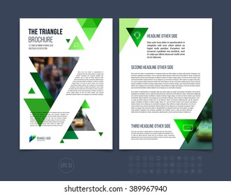 Brochure template layout, cover design annual report, magazine, flyer or booklet in A4 with green dynamic triangular geometric shapes on white background. Vector Illustration.