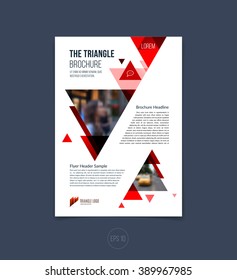 Brochure template layout, cover design annual report, magazine, flyer or booklet in A4 with red dynamic triangular geometric shapes on white background. Vector Illustration.