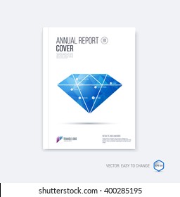 Brochure template layout, cover design annual report, magazine or booklet in A4 with blue minimalistic diamond triangular shape on polygonal background. Vector Illustration.