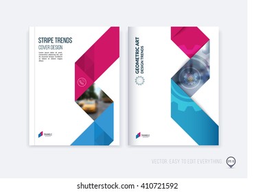Brochure template layout; cover design annual report; magazine; flyer or booklet in A4 with red blue dynamic triangular geometric shapes and folding stripe ribbon. Business vector Illustration.