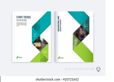 Brochure template layout; cover design annual report; magazine; flyer or booklet in A4 with blue green dynamic triangular geometric shapes and folding stripe ribbon. Business vector Illustration.