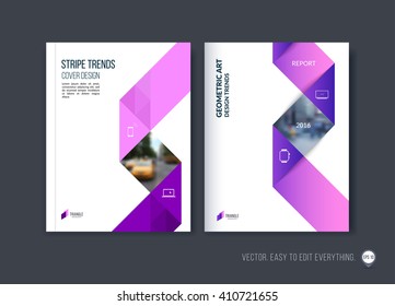 Brochure template layout; cover design annual report; magazine; flyer or booklet in A4 with pink purple dynamic triangular geometric shapes and folding stripe ribbon. Business vector Illustration.