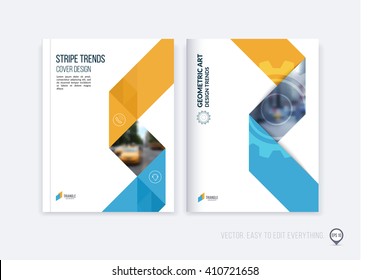 Brochure template layout, cover design annual report, magazine, flyer or booklet in A4 with orange blue dynamic triangular geometric shapes and folding stripe ribbon. Business vector Illustration.