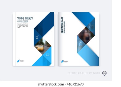 Brochure template layout; cover design annual report; magazine; flyer or booklet in A4 with blue dynamic triangular geometric shapes and folding stripe ribbon. Business vector Illustration.