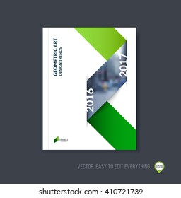 Brochure template layout; cover design annual report; magazine; flyer or booklet in A4 with green dynamic triangular geometric shapes and folding stripe ribbon. Business vector Illustration.