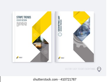 Brochure template layout, cover design annual report, magazine, flyer or booklet in A4 with yellow grey dynamic triangular geometric shapes and folding stripe ribbon. Business vector Illustration.