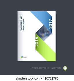 Brochure template layout; cover design annual report; magazine; flyer or booklet in A4 with blue green dynamic triangular geometric shapes and folding stripe ribbon. Business vector Illustration.