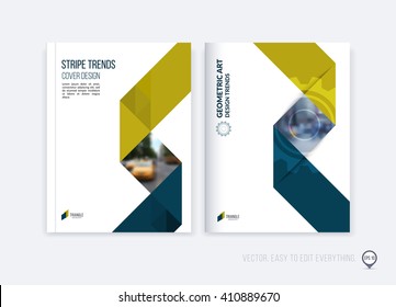 Brochure template layout, cover design annual report, magazine, flyer or booklet in A4 with yellow grey dynamic triangular geometric shapes and folding stripe ribbon. Business vector Illustration.